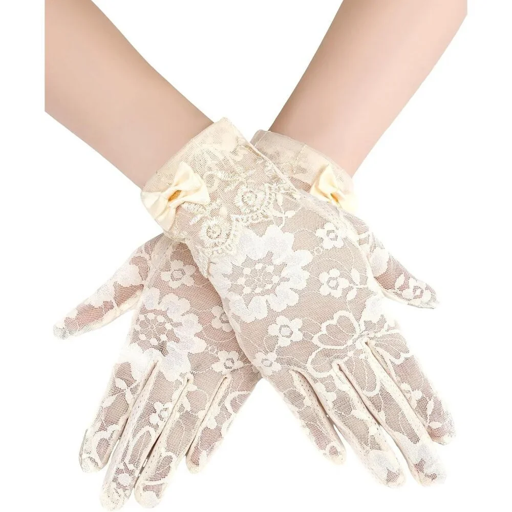 Women's Beige Short Floral Finger Less Nylon Halloween Cosplay Lace Gloves